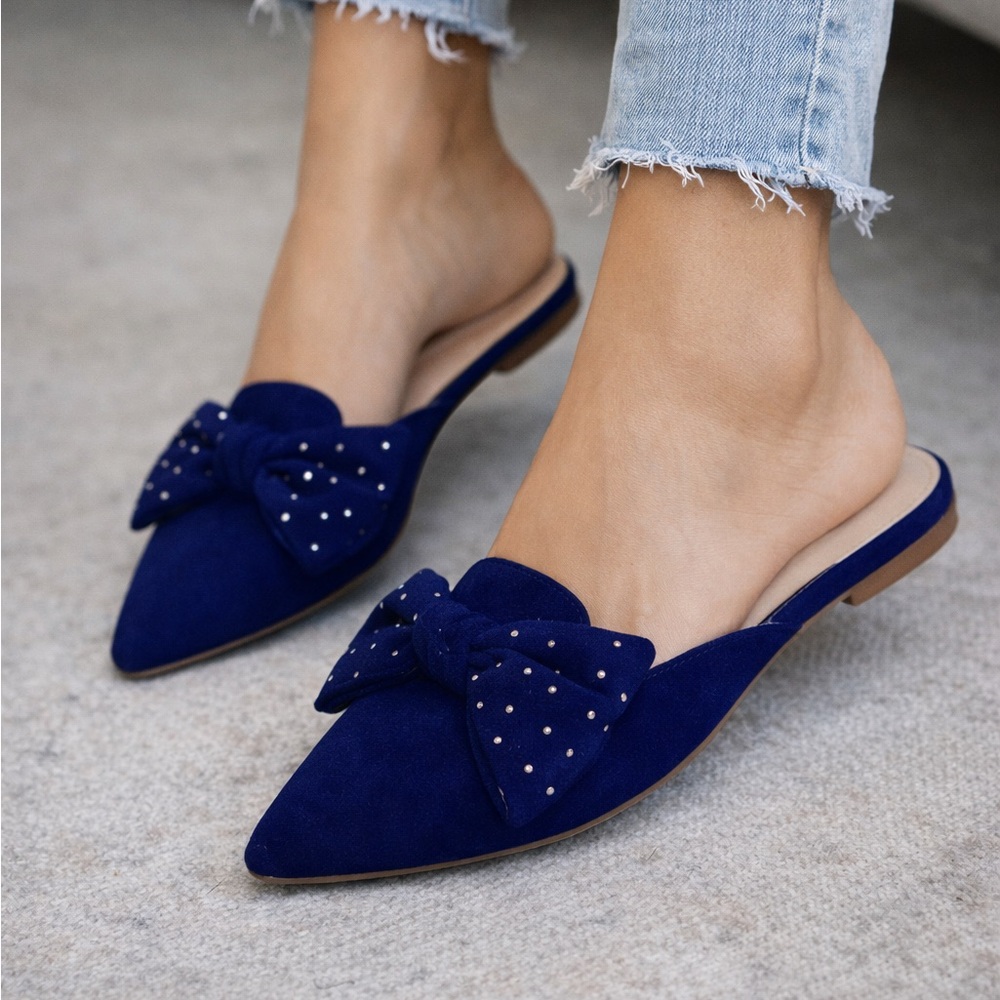 Crown & Ivy 7.5 Blue Bow Pointed Toe Mule Flats Studded Teacher Office Work Shoe - Picture 2 of 6